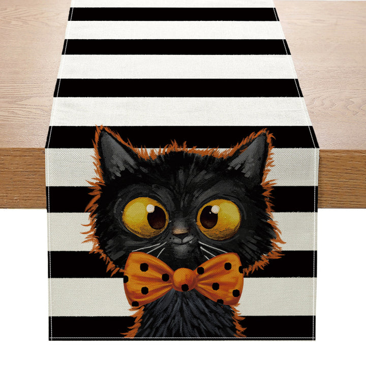 Halloween Cotton-Linen Table Runner with Sitting Cat and Pumpkin Illustration Decorative Border