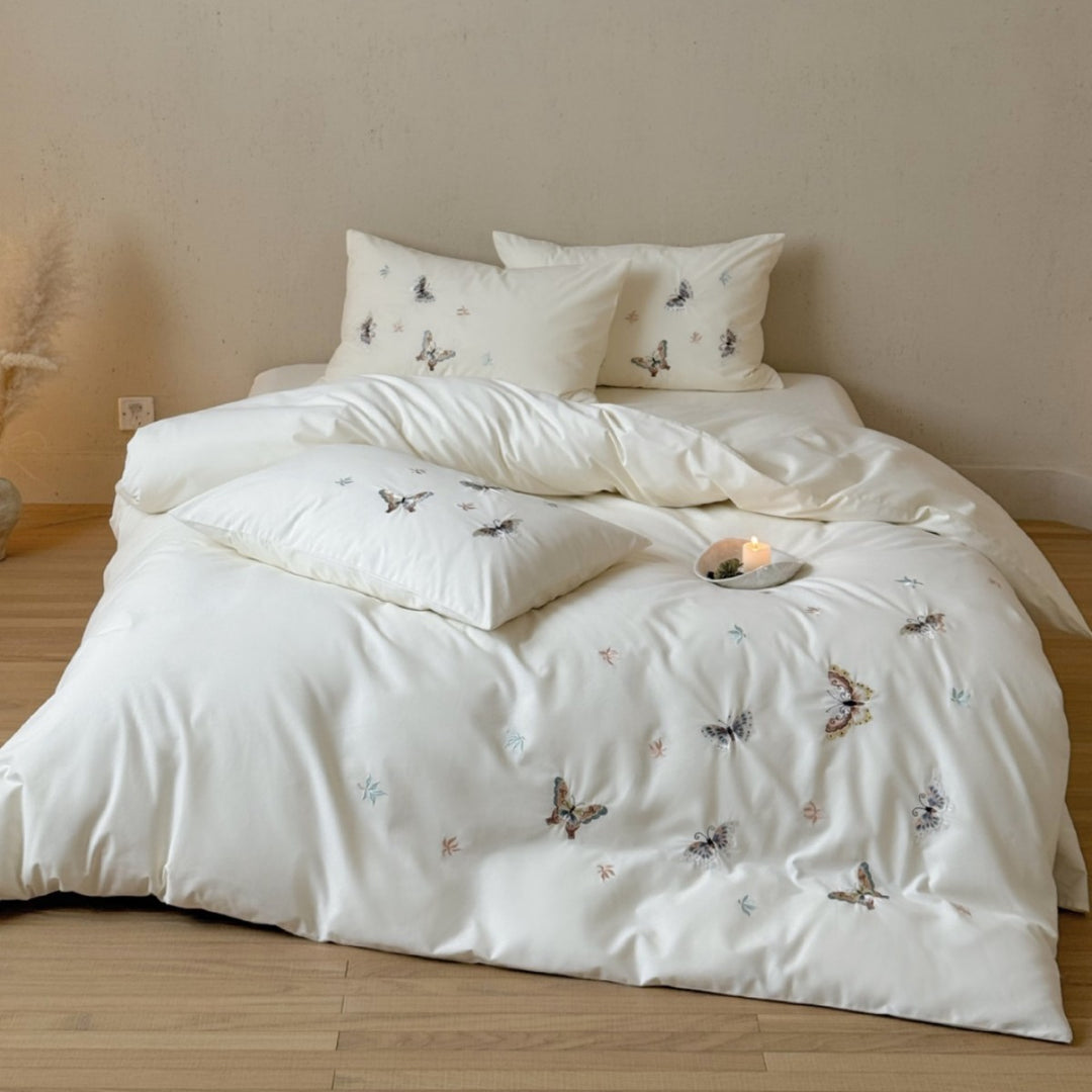 Embroidered Butterfly Cotton Percale Duvet Cover Set with Pillow Shams