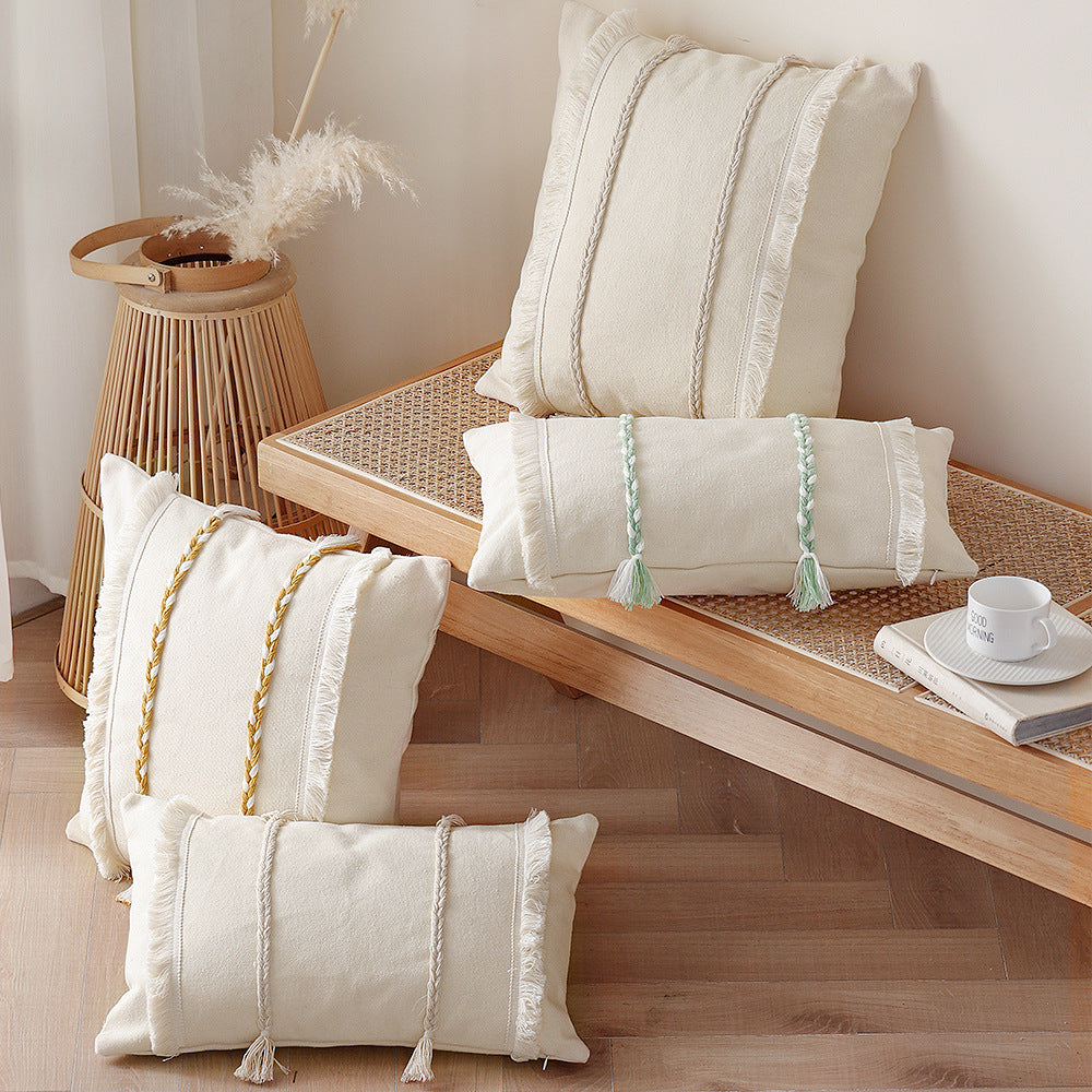 Decorative rectangular cotton cushion cover with woven trims and fringes Stornfield