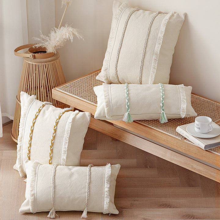 Decorative rectangular cotton cushion cover with woven trims and fringes Stornfield