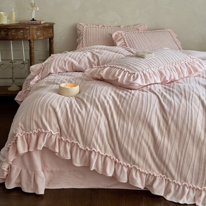Ruffled Cotton Gauze Pin-Tuck Duvet Cover Set with Decorative Pillow Shams