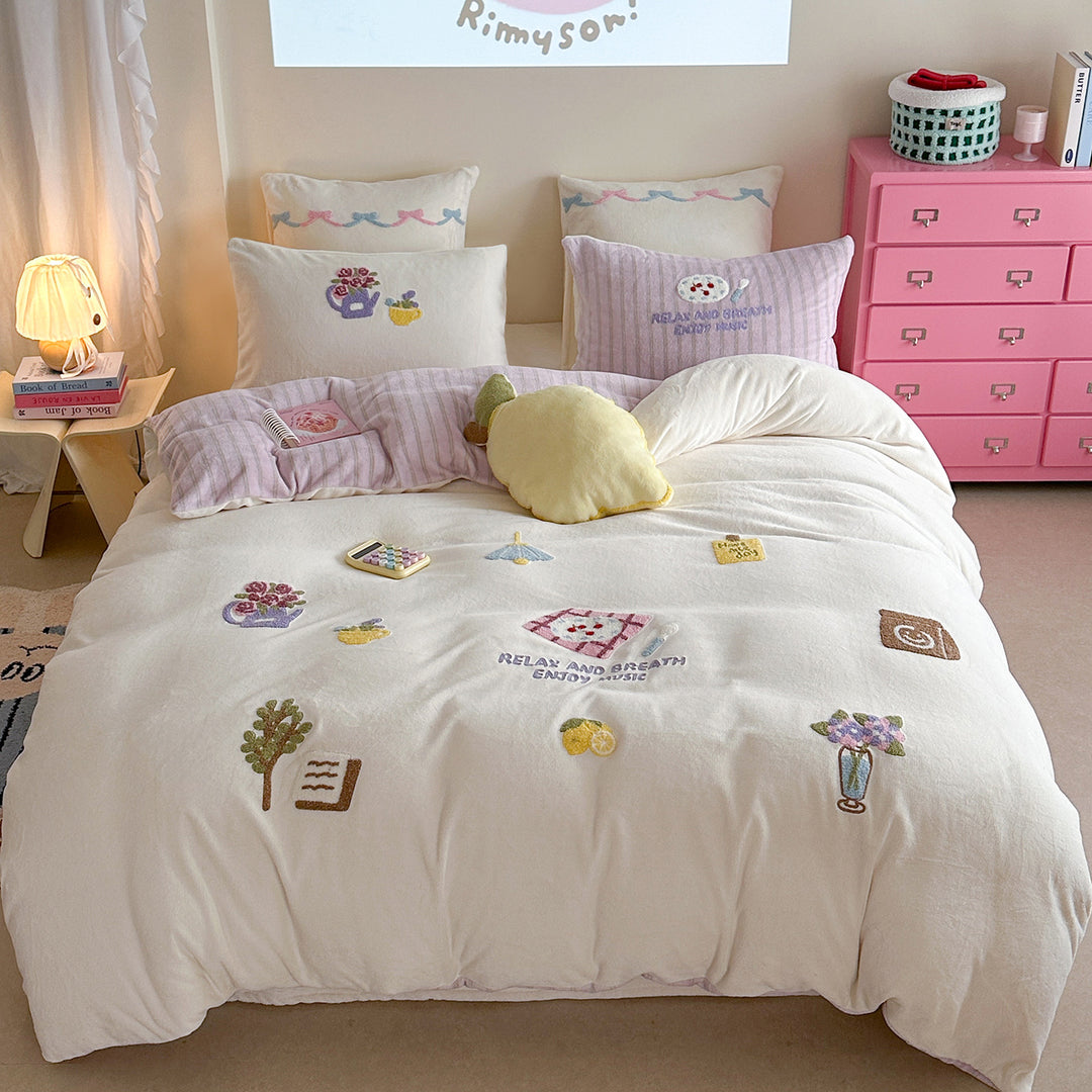 Embroidered Plush Quilted Duvet-Style Comforter with Reversible Striped Backing