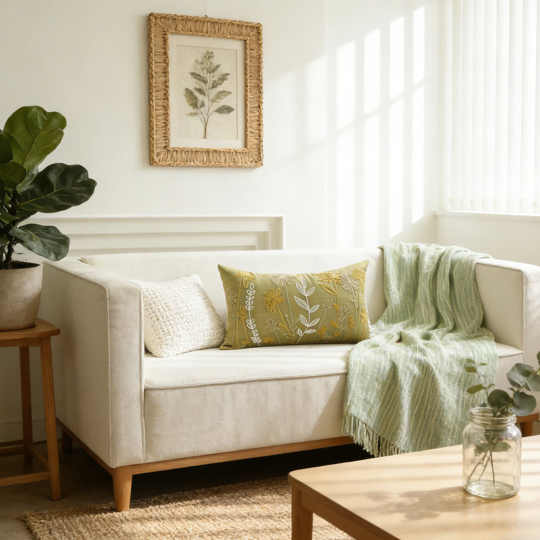 Embroidered Botanical Velvet Lumbar Accent Pillow Cover with Plush Insert