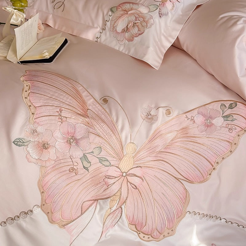 Embroidered Silk-Feel Butterfly Floral Duvet Cover Set