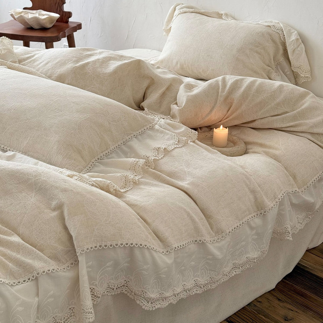 Linen-Feel Leaf-Print Duvet Cover Set with Embroidered Lace Flounce & Deep-Pocket Bedskirt