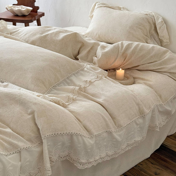 Linen-Feel Leaf-Print Duvet Cover Set with Embroidered Lace Flounce & Deep-Pocket Bedskirt