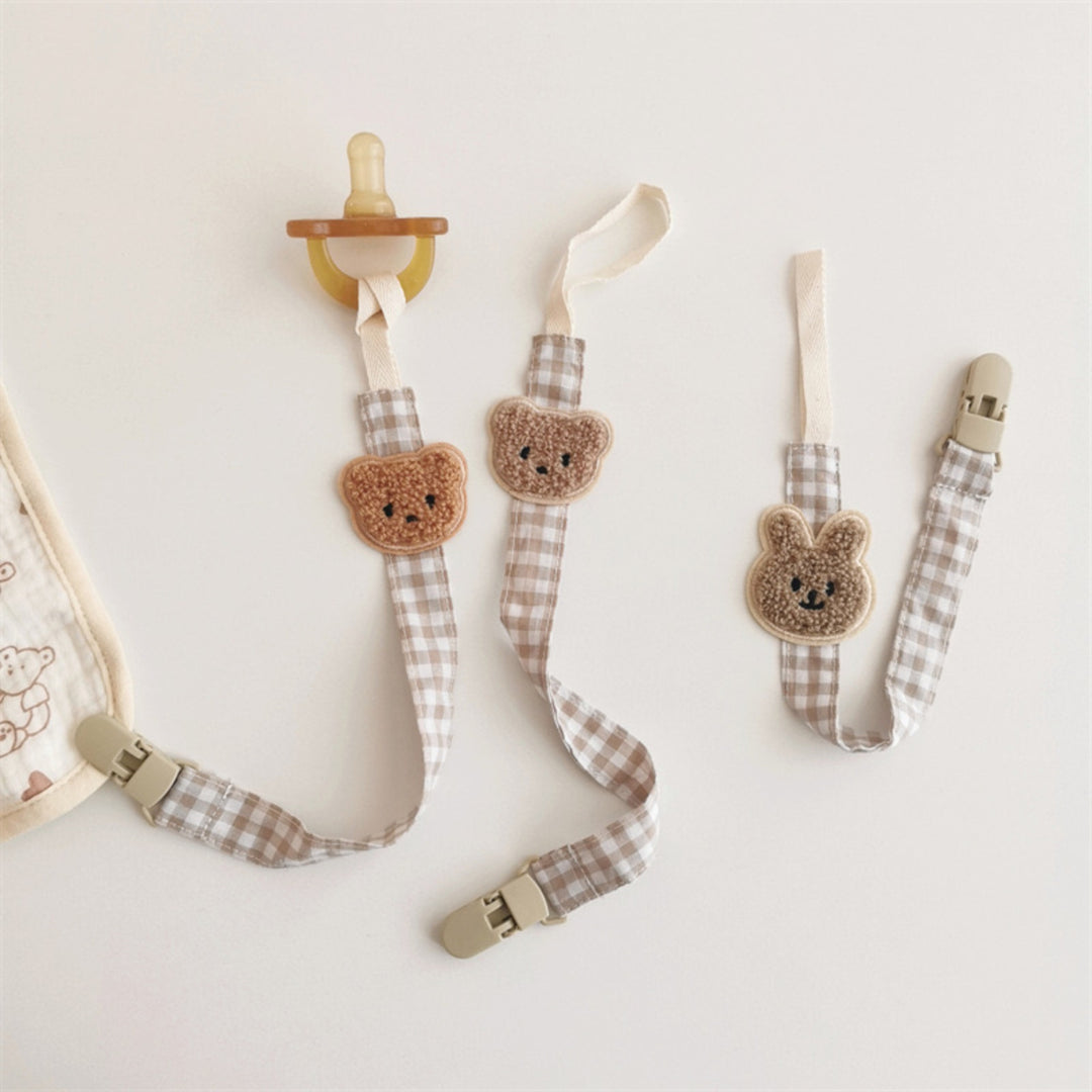 Gingham Cotton Pacifier and Teether Clip with Embroidered Bear Applique