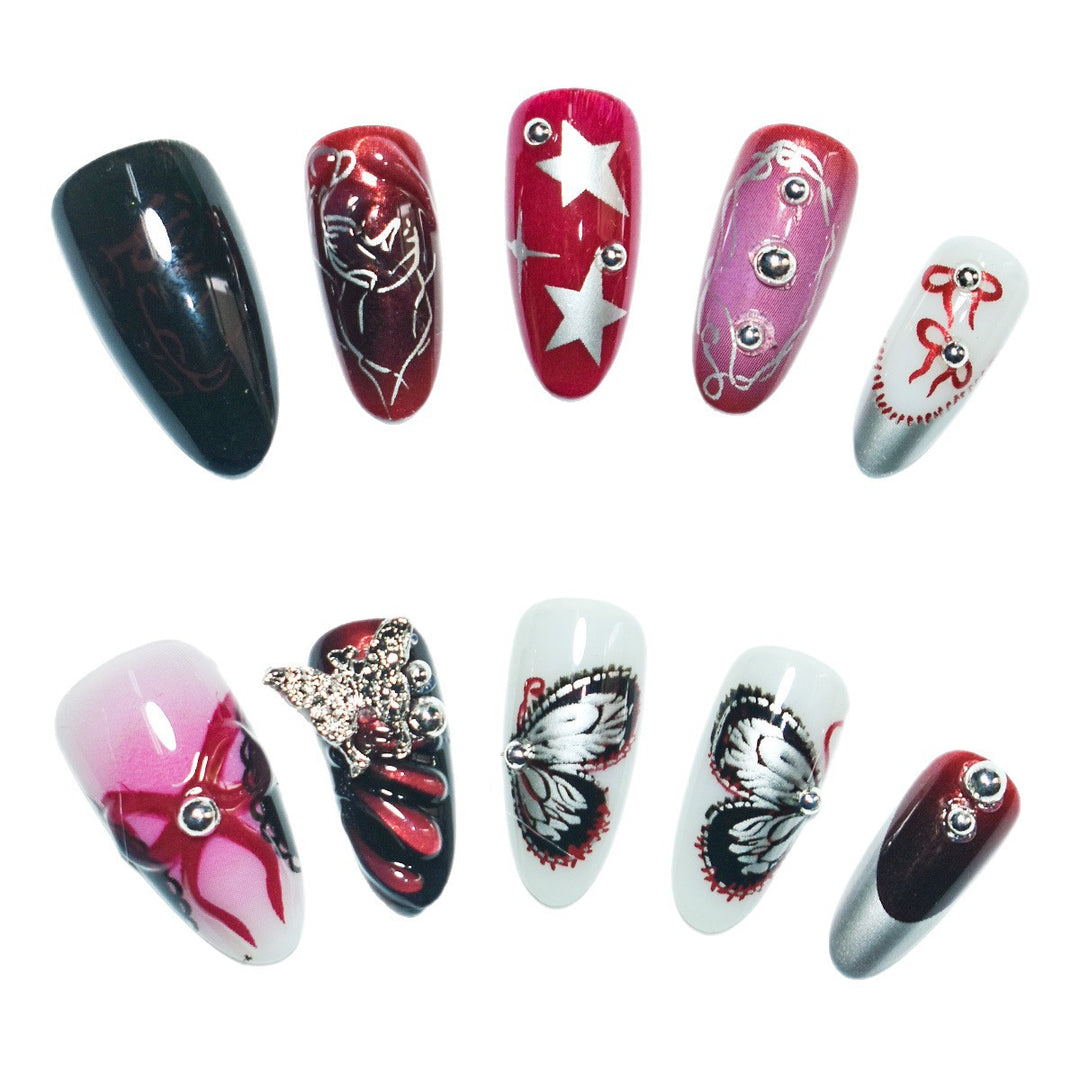 Artistic Press-On Nail Set with Butterfly and Star Details Stornfield