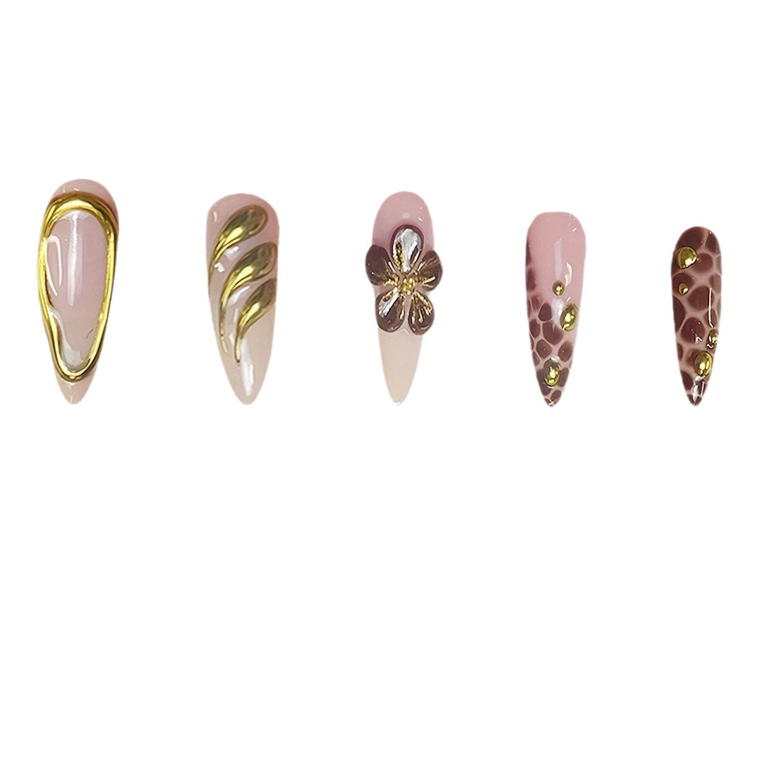 Artistic Press-On Nail Set with 3D Floral Accents Stornfield
