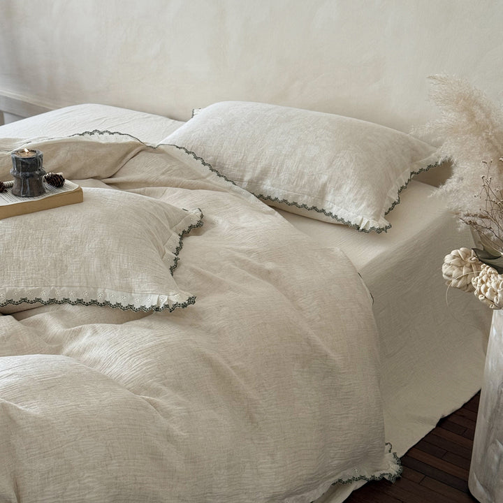 Washed Linen Duvet Cover Set with Scalloped Crochet Trim and Frayed-Edge Pillow Shams