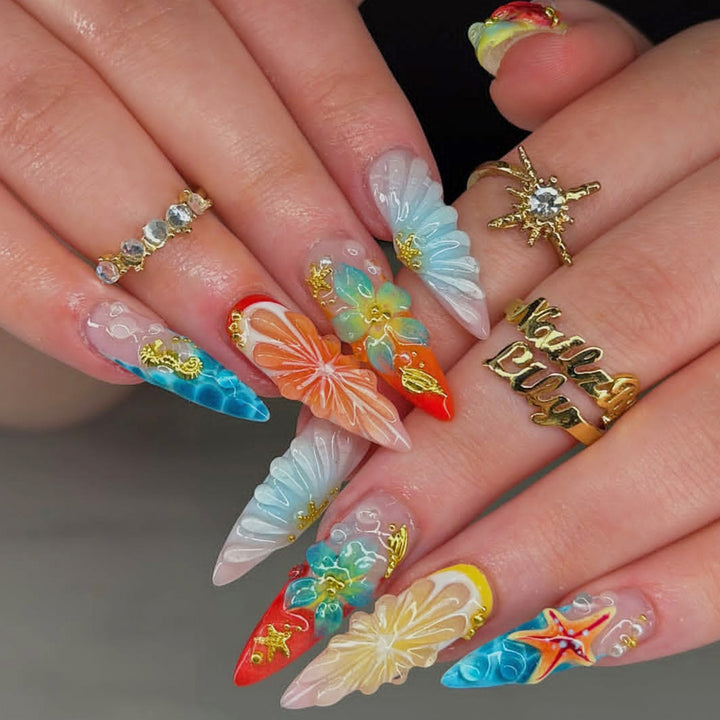 Artistic Floral and Ocean-Themed Press-On Nail Art Set Stornfield