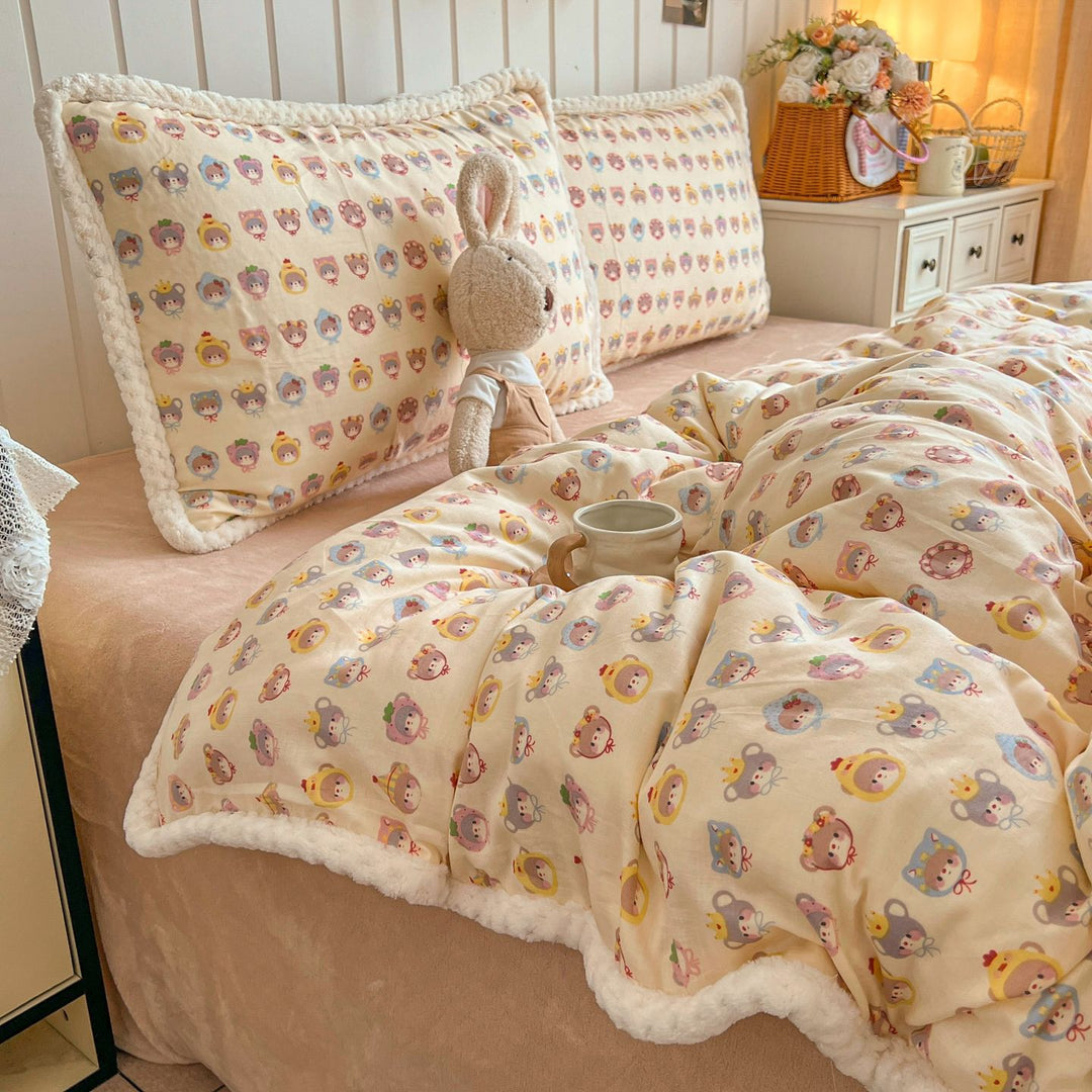 Plush Reversible Sherpa Duvet Cover Set with Quilted Waffle Comforter and Scalloped Pillow Shams