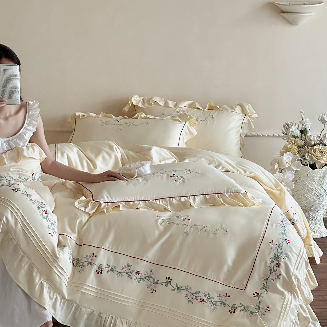 Luxury Ruffled Embroidered Cotton-Sateen Duvet Cover Set with Floral Vine Border