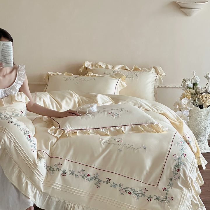 Luxury Ruffled Embroidered Cotton-Sateen Duvet Cover Set with Floral Vine Border