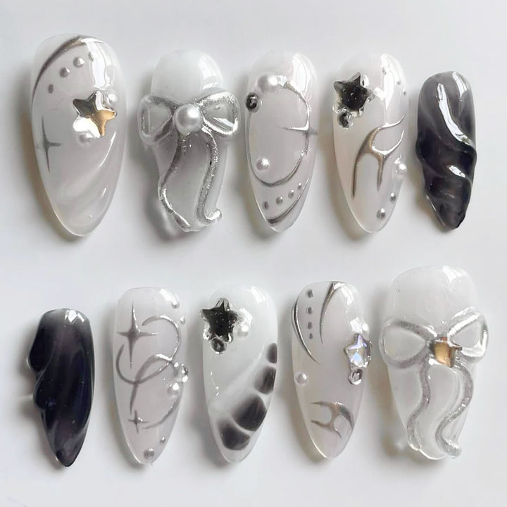 Creative Press-On Nail Art Set with Elegant Silver Accents Stornfield