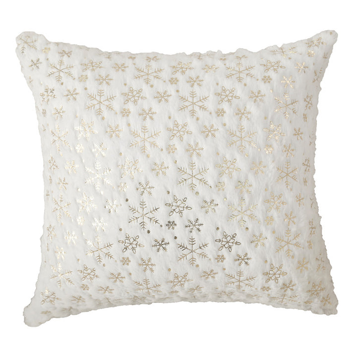 Decorative Faux Fur Square Throw Pillow with Gold Snowflake Foil Accents