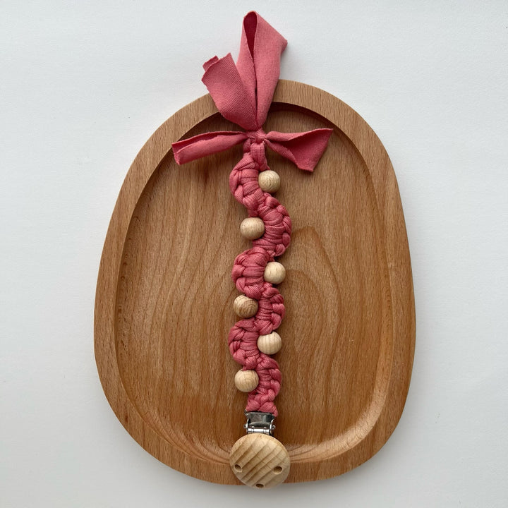 Macrame Boho Wooden-Bead Pacifier Holder Clip with Metal Safety Clamp