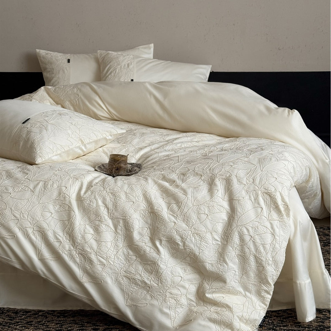 Quilted Botanical Embroidered Cotton Sateen Duvet Cover Set with Textured Appliqué and Envelope Shams