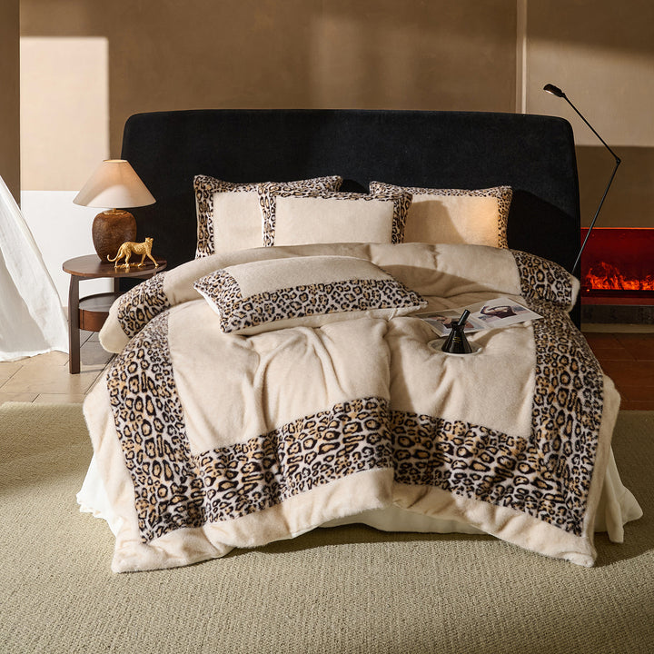 Plush Faux-Fur Leopard-Trim Reversible Duvet Cover Set with Decorative Shams