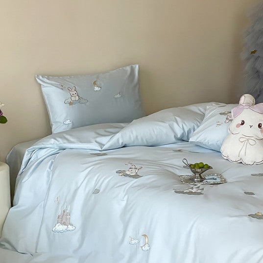 Premium Embroidered Cotton Duvet Cover Set with Plush Bunny Motif