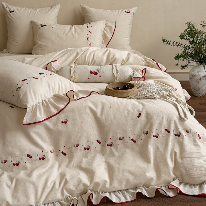 Embroidered Cherry Ruffle Cotton-Linen Duvet Cover Set with Decorative Bolster