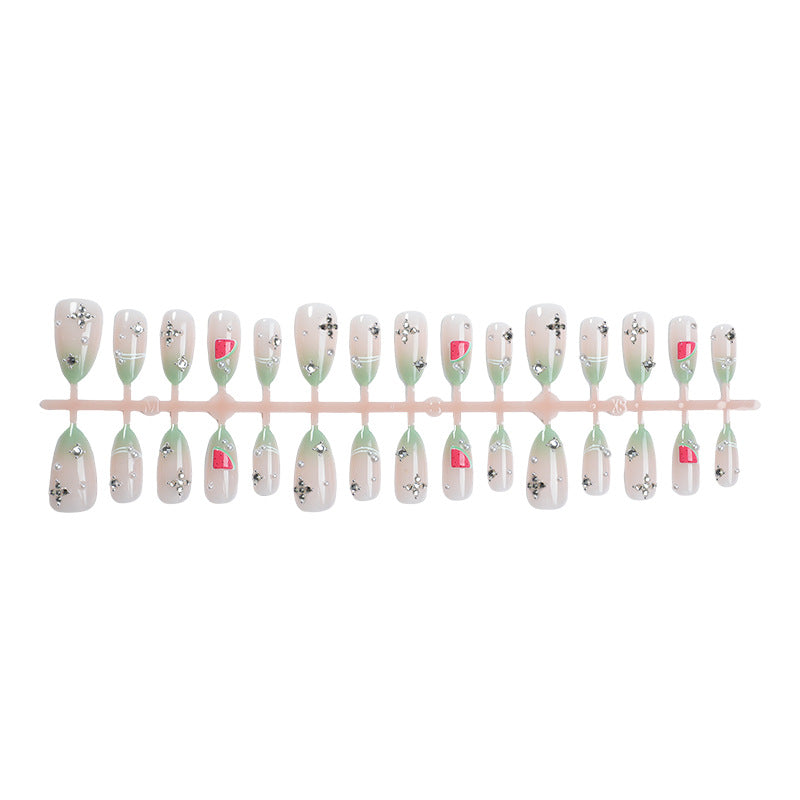 Decorative Press-On Nail Set with Fruit and Gemstone Accents