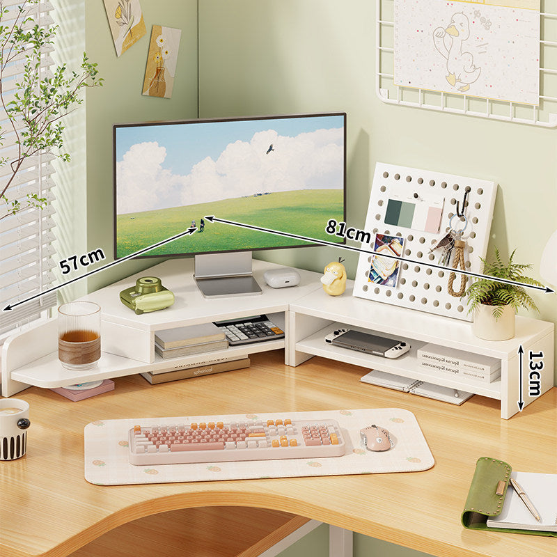 Corner Wooden Monitor Riser with Dual-Tier Storage Shelf