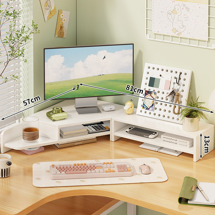 Corner Wooden Monitor Riser with Dual-Tier Storage Shelf