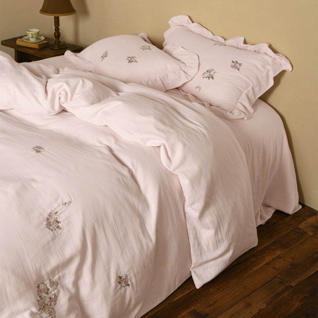 Embroidered Botanical Cotton-Linen Blend Ruffled Pillow Sham Duvet Cover Set