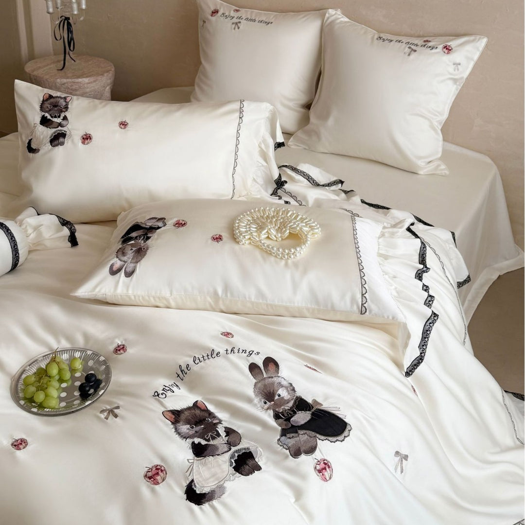 Embroidered Ruffled Satin-Feel Duvet Cover Set with Animal Appliqué & Decorative Bolster