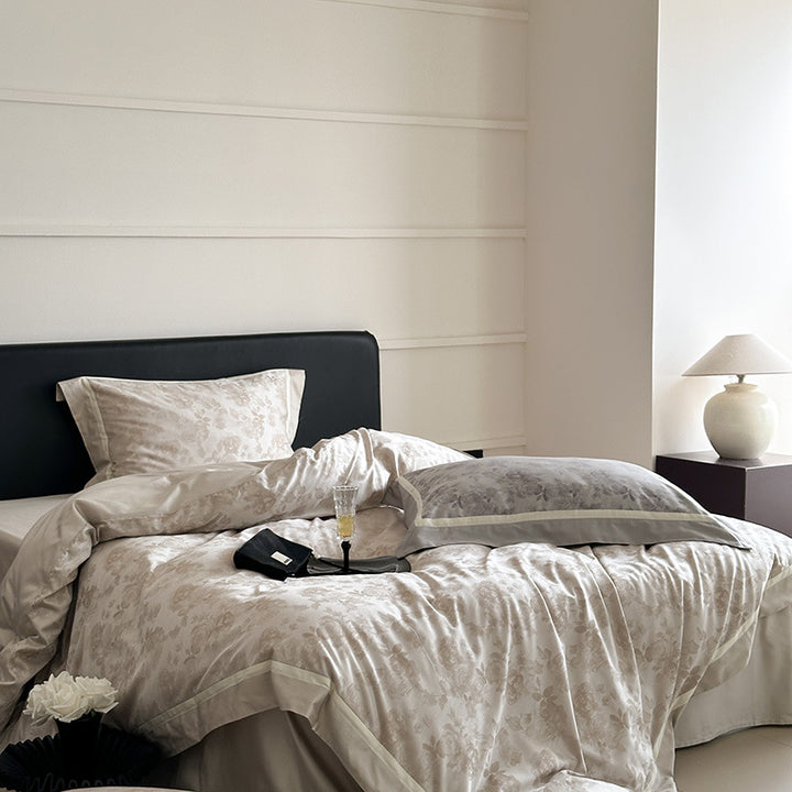 Floral Jacquard Cotton-Sateen Duvet Cover Set with Contrast Hem and Pillow Shams