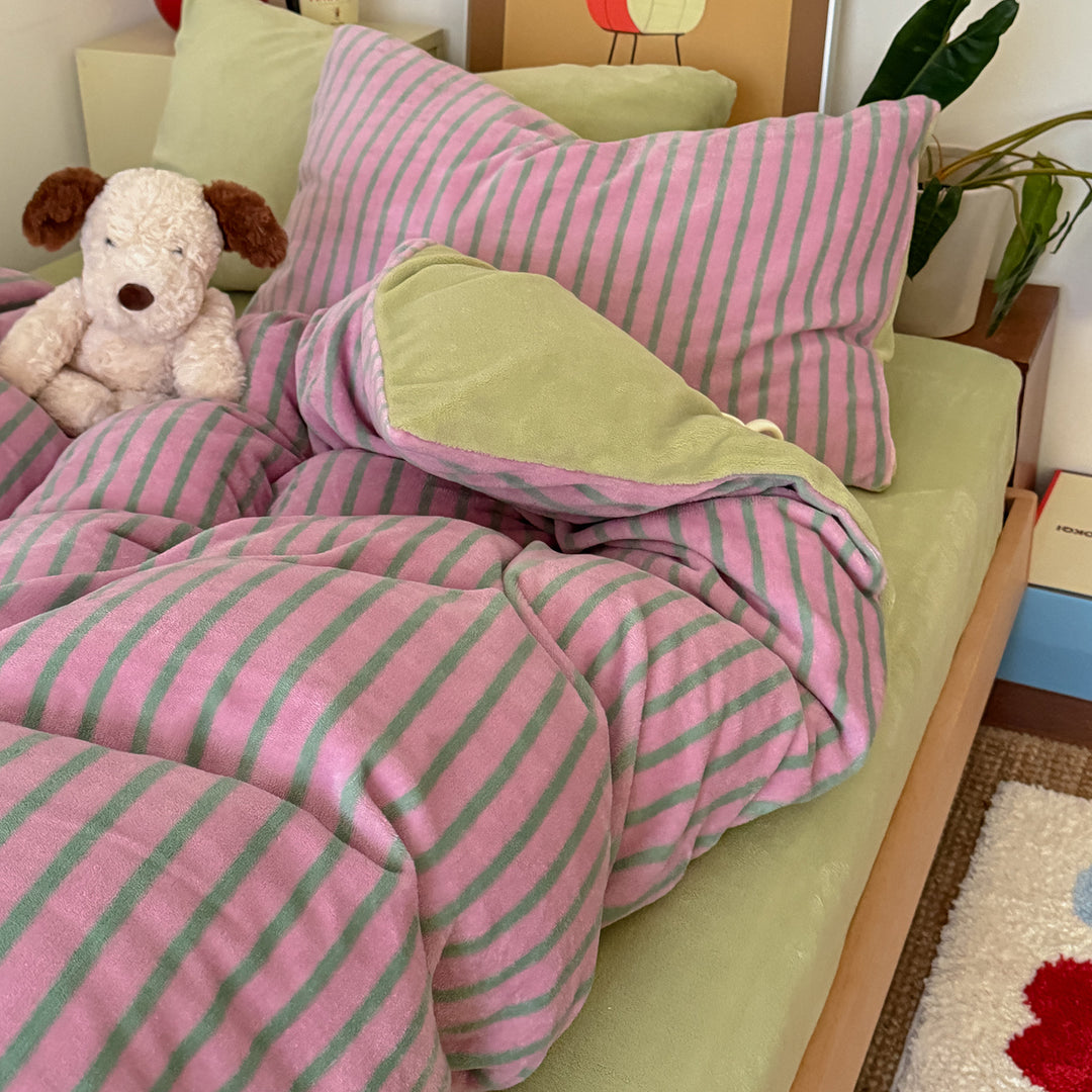 Plush Reversible Striped Cozy Duvet Comforter & Pillow Sham Set