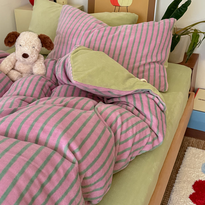 Plush Reversible Striped Cozy Duvet Comforter & Pillow Sham Set