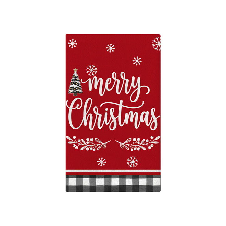 Festive Cotton-Linen Kitchen Tea Towel with Christmas Tree Print and Buffalo Check Border