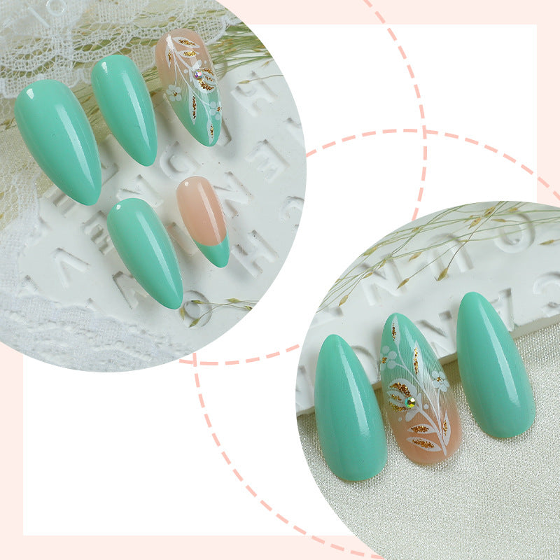 Artisan Press-On Nail Set with Elegant Leaf Patterns Stornfield