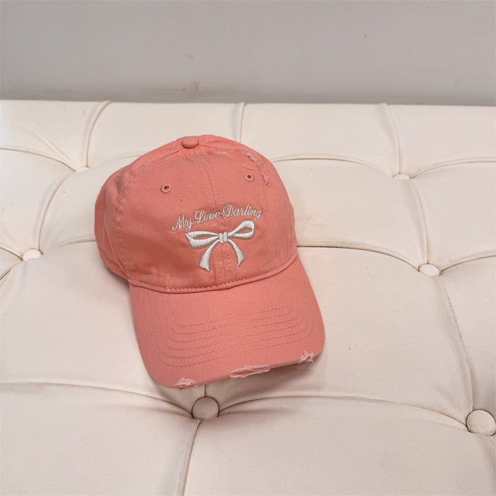 Women's Distressed Cotton Baseball Cap with Bow Embroidery Stornfield