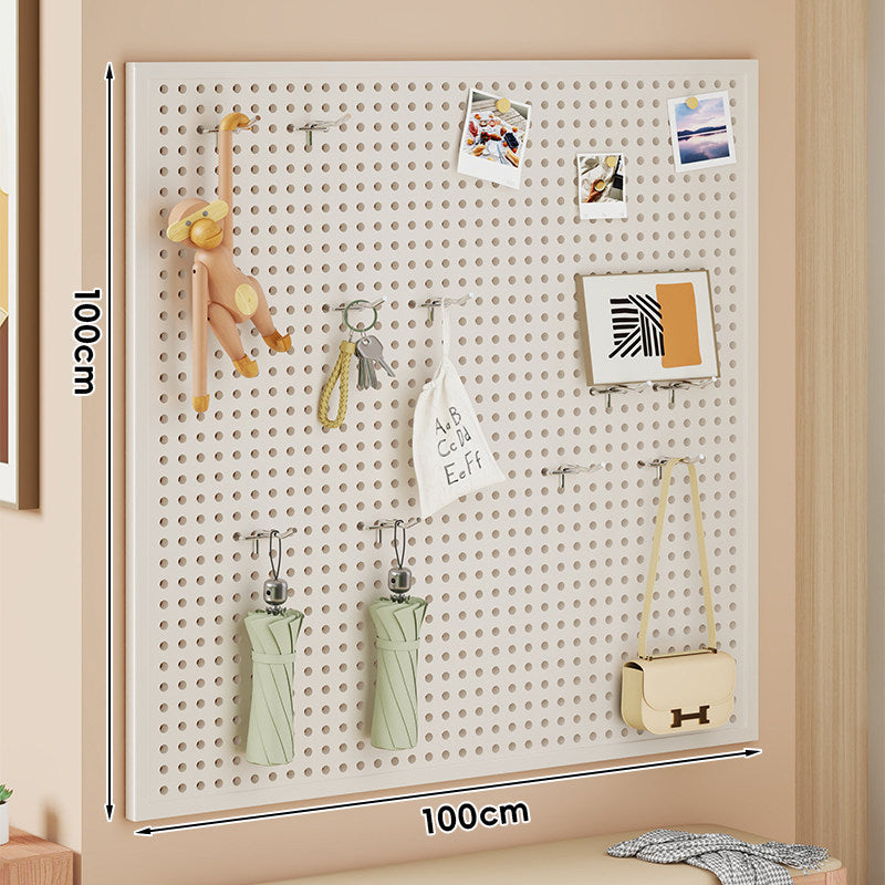 Large Vertical Perforated Wall Storage Panel with Adjustable Hooks and Accessory Mounts