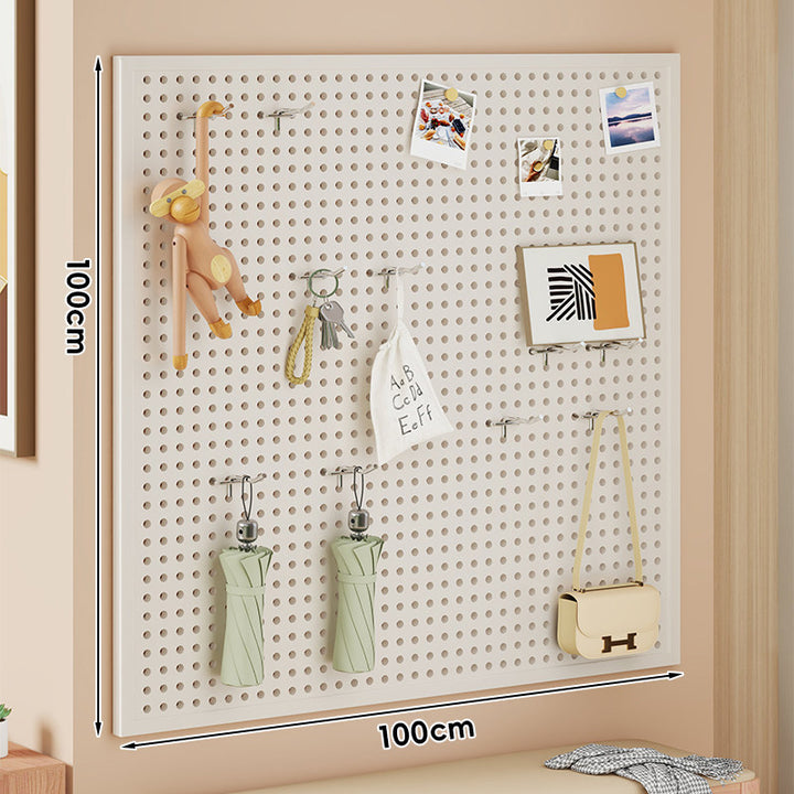 Large Vertical Perforated Wall Storage Panel with Adjustable Hooks and Accessory Mounts