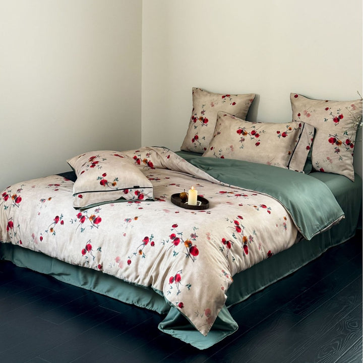 Designer bedding set in toile style with ruffle and silky matte cotton satin