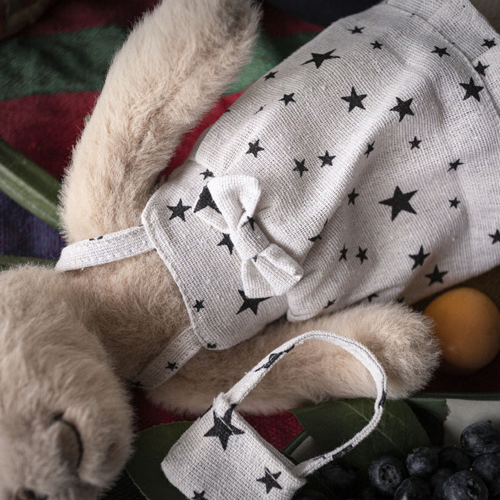 Handcrafted Plush Rabbit Toy with Star-Print Linen Overalls and Visor
