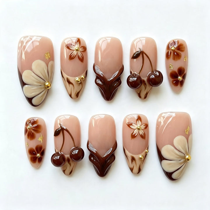Artistic Floral and Cherry Press-On Nail Art Set Stornfield