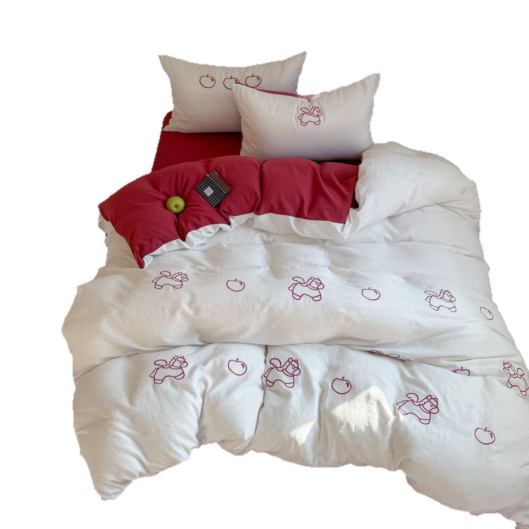 Pastel Bunny Embroidered Cotton Percale Duvet Cover and Pillow Sham Set