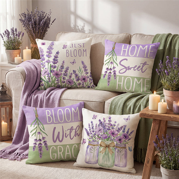 Decorative Linen-Cotton Accent Throw Pillow Cover with Floral Typography