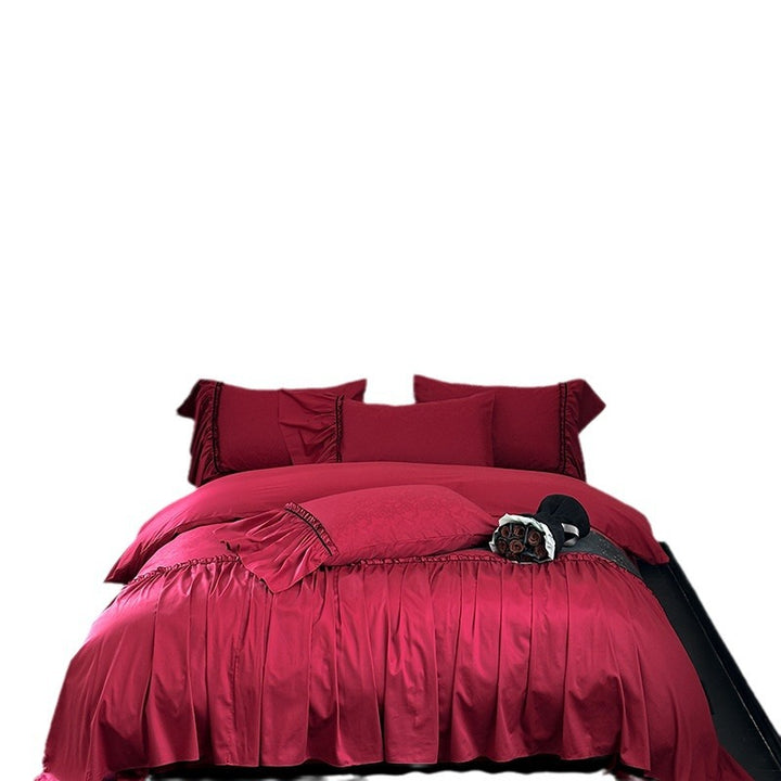 Elegant satin bedding set with pleated detail, jacquard design & ruffle
