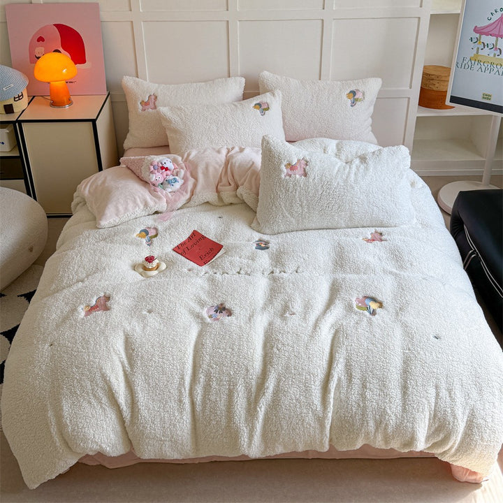 Plush quilt set with rabbit embroidery and Sherpa surface