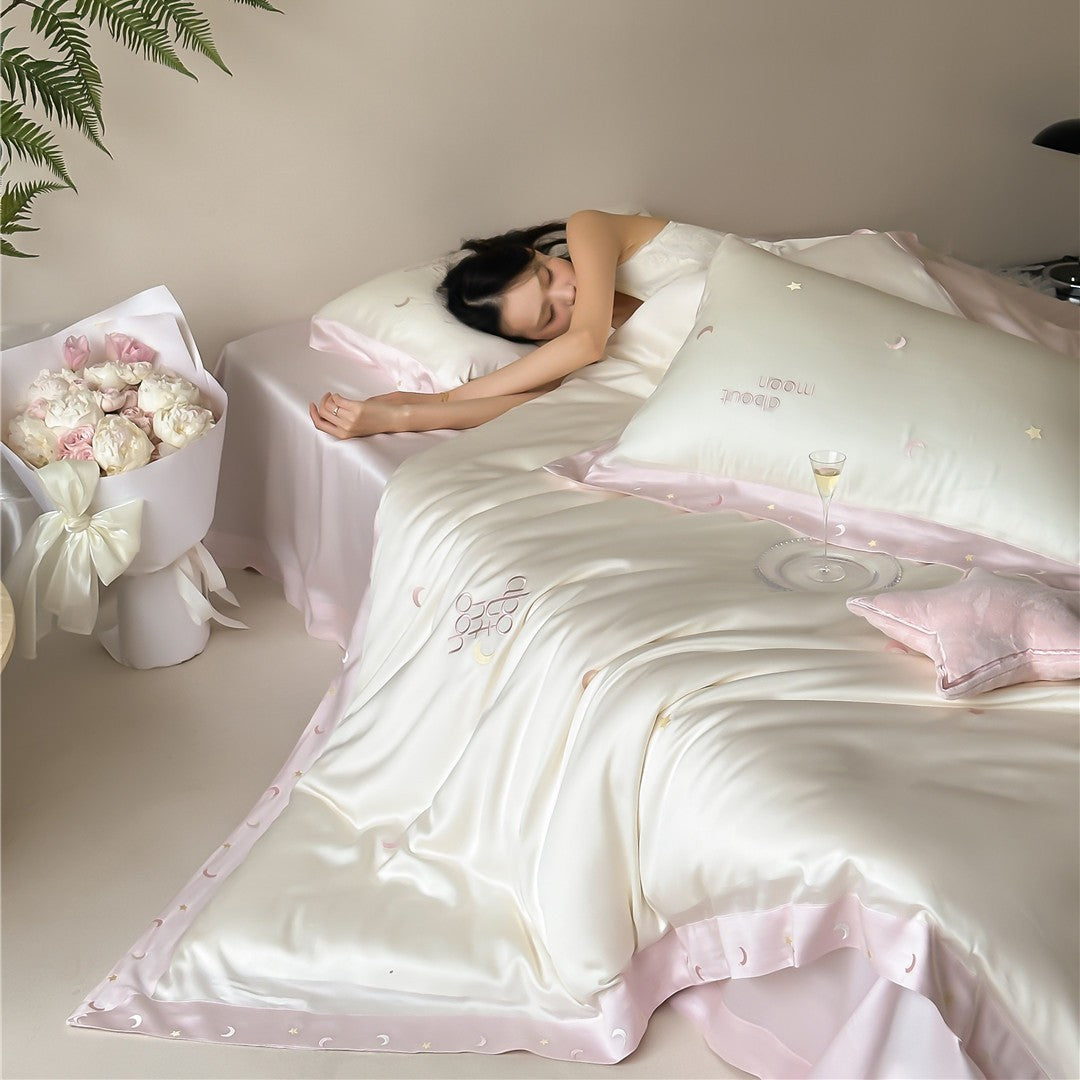 Silky Sateen Crescent-Motif Duvet Cover Set with Embroidered Moon and Reversible Back