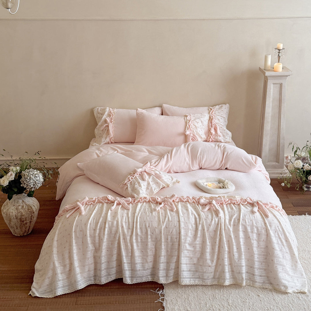 Soft Washed Cotton-Linen Ruffled Duvet Cover Set with Bow-Tie Accents & Lace-Trim Bed Skirt