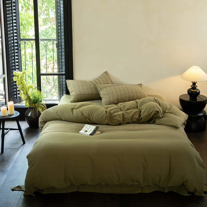 Washed Linen-Cotton Duvet Cover Set with Plaid Accent Pillow Shams