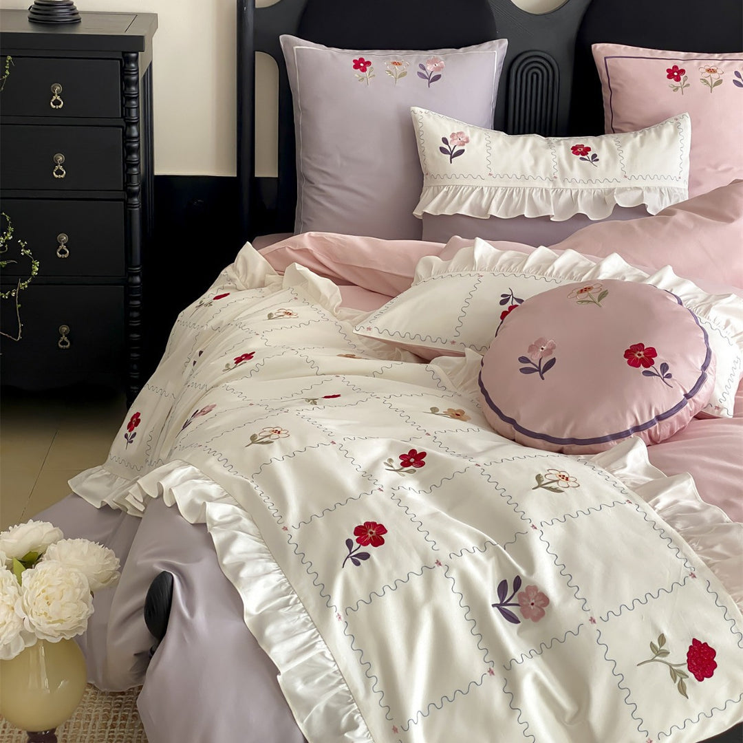 Romantic Ruffled Patchwork Embroidered Cotton Duvet Cover Set
