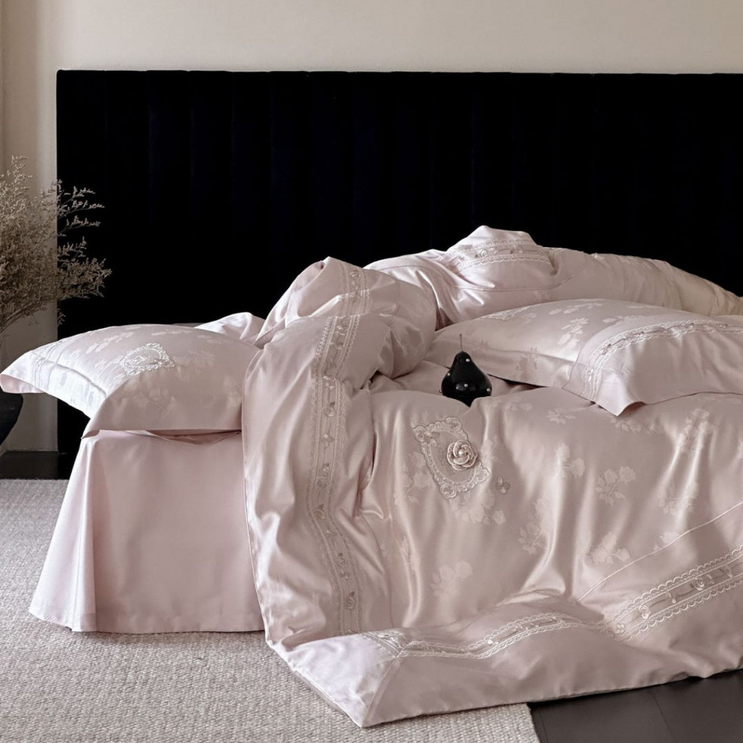 Luxury Satin Jacquard Duvet Cover and Pillowcase Set with Embroidered Border